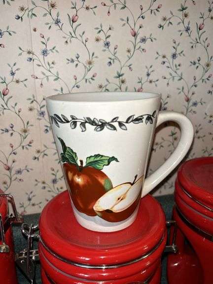 Kitchen Lot: Red Canisters, Knife Block Set, Apple Mugs