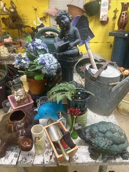 Variety of Garden Decor, Statues, and Watering Cans image