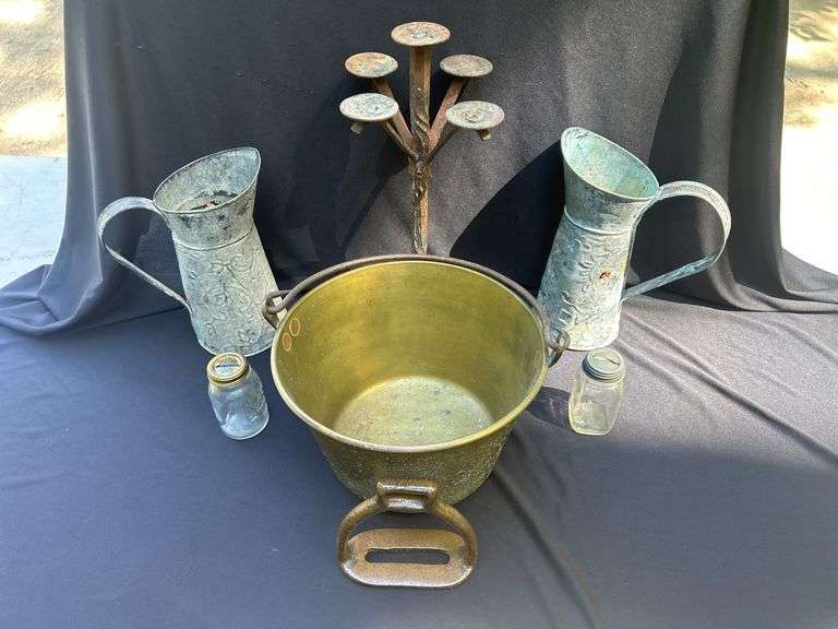 Decor Lot: Metal Pitchers, Brass Pot, Candle Holder, & Atlas Jar image