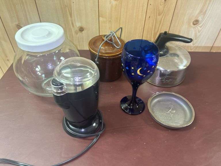 Assorted Household Items: Jar, Coffee Grinder, Crock, Glass, Plate, Kettle image