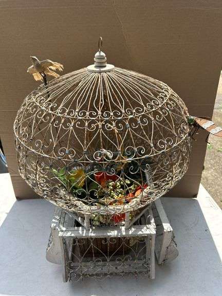 Decorative Metal Bird Cage with Bird, Beetle and Floral Arrangement image