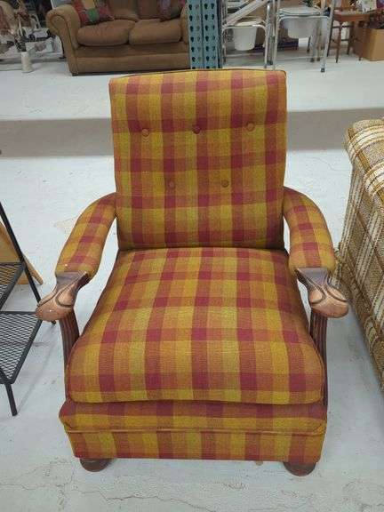 Upholstered Plaid Armchair with Wood Trim image