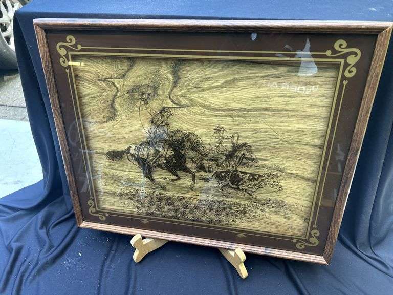 Framed Wood Art - Cowboys Herding Cattle image