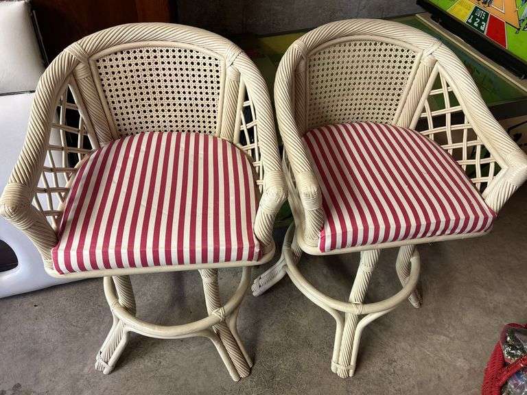 Pair of Rattan Swivel Bar Stools with Striped Cushions image