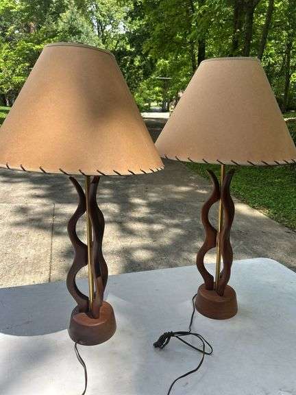 Pair of Sculptural Wood Table Lamps with Shades image
