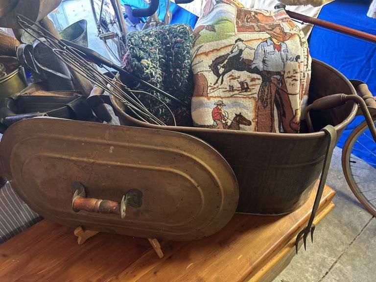 Copper Boiler with Lid, Cowboy-Themed Potholders, and Other Items image