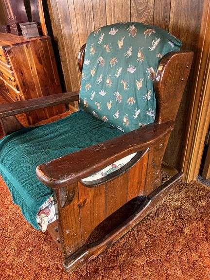 Wooden Rocking Chair with Green Animal Pattern Cushion