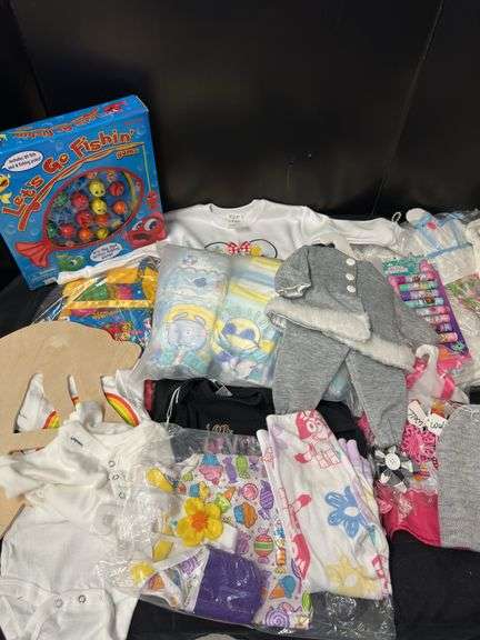 Mixed Lot: Children's Items - Clothing, Diapers, Blanket, Game image