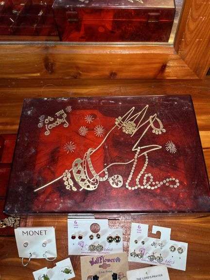 Jewelry Lot with Red Jewelry Box, Brooches, Earrings, and Religious Pins