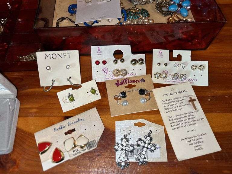 Jewelry Lot with Red Jewelry Box, Brooches, Earrings, and Religious Pins