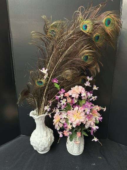 Pair of Milk Glass Vases with Floral and Feather Arrangements image