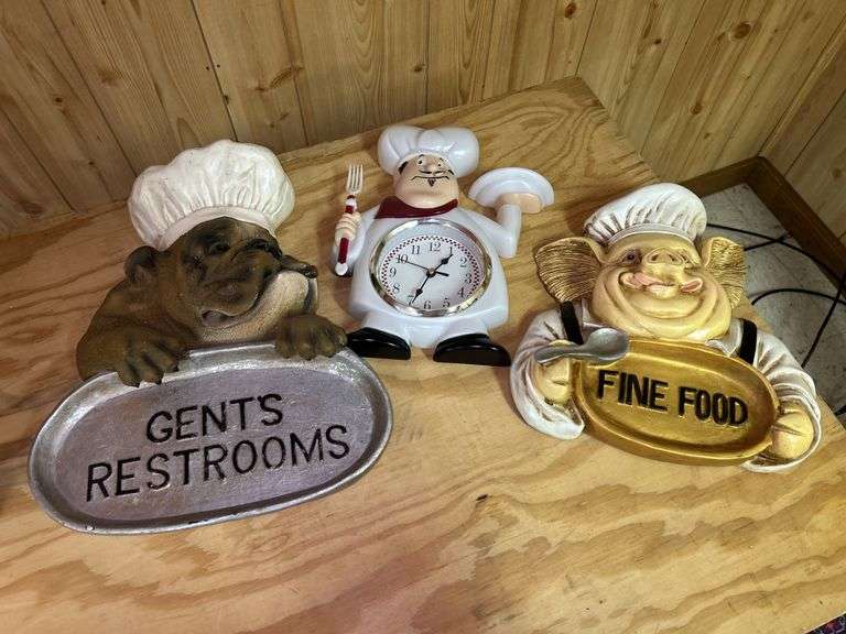 Novelty Chef-Themed Wall Decor: 'Gents Restrooms' Sign, Chef Clock, and 'Fine Food' Pig image