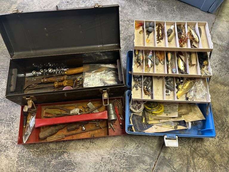 Toolbox with Assorted Tools and Fishing Tackle Box with Lures image