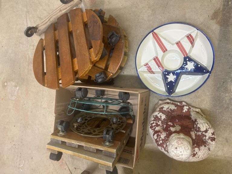 Assorted Home and Garden Items: Planter Dollies, American Star Serving Dish, Garden Buddha image