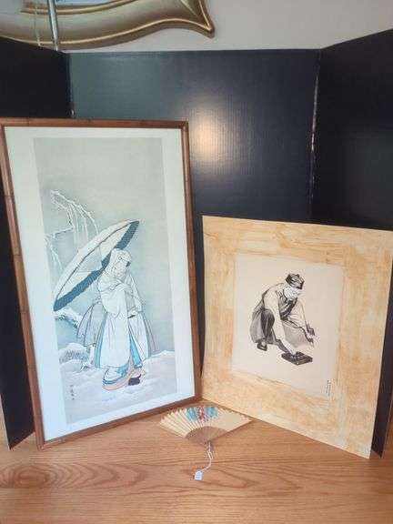 Framed Japanese-Style Prints & Hand Fan image