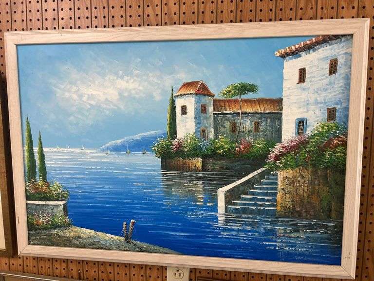 Framed Oil Painting - Coastal Village Scene Signed by 'Joyze' image