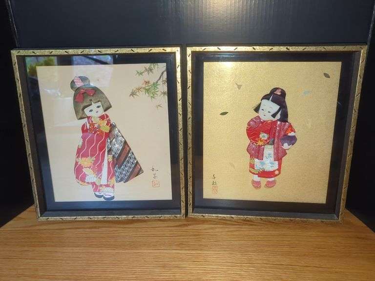 Pair of Framed Japanese Silk Art Doll Pictures image