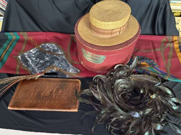 Group of Items Including Straw Hat, Feather Boa, Embossed Leather Pouch and Scarf image