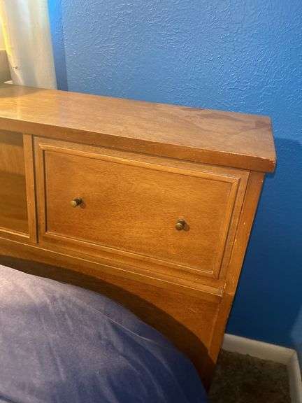 Wood Framed Queen Size Bed with Attached Headboard Storage