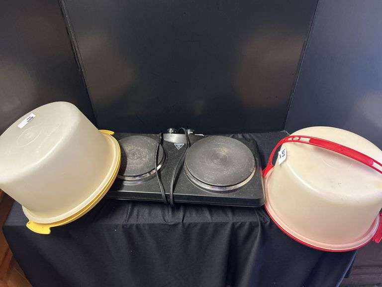 Double Hot Plate with Tupperware Carriers & Box of Kitchen Utensils image