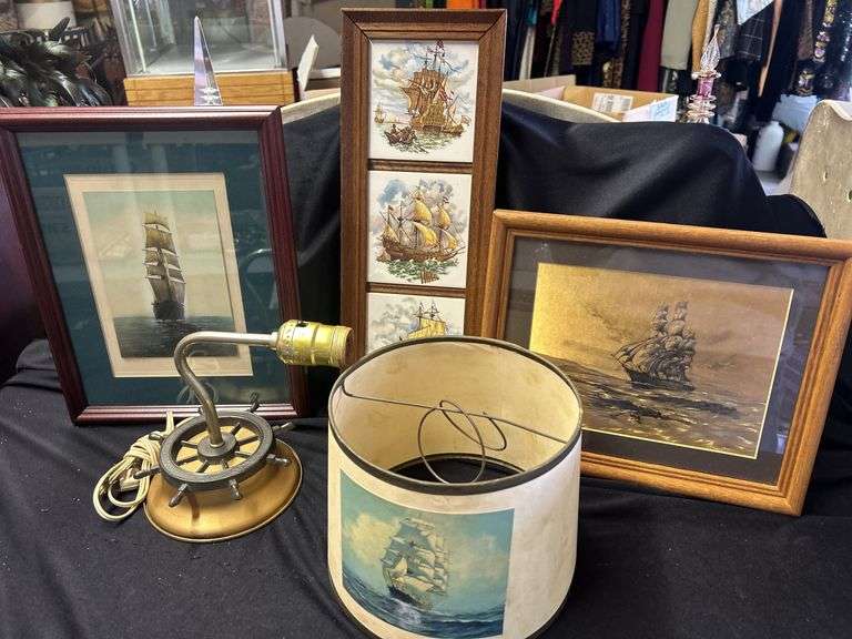 Nautical Theme Decor Grouping: Framed Prints, Tile Art, and Wheel Lamp image