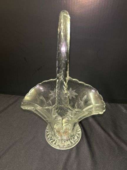 Elegant Clear Glass Basket with Handle and Floral Design image