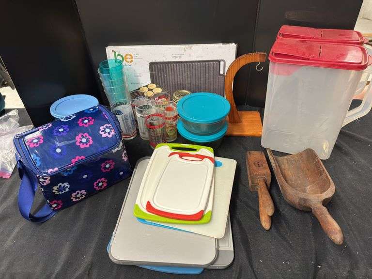 Kitchenware Assortment: Grill/Griddle, Pyrex, Cutting Boards, Wooden Utensils, Pitchers, Cups image