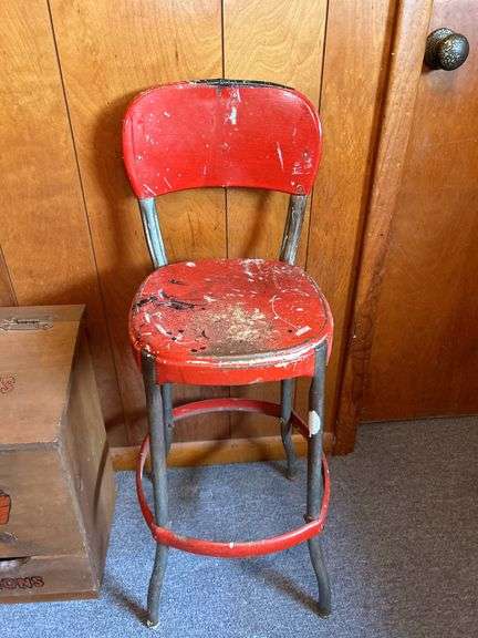 Kitchen Collection: Red Metal Chair, Potato/Onion Bin, and Framed Richard Brooks Print