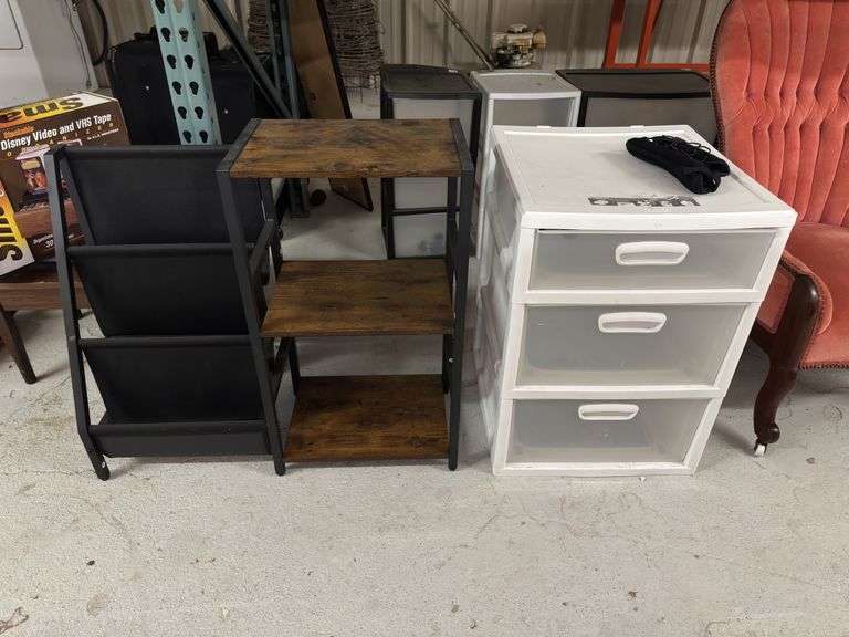 Assorted Storage Solutions: Magazine Rack, Shelving Unit, and 3-Drawer Storage image