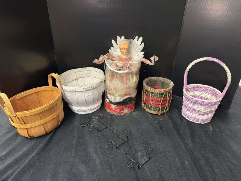 Mixed Lot: Baskets, Angel Figurine, and Metal Rack image