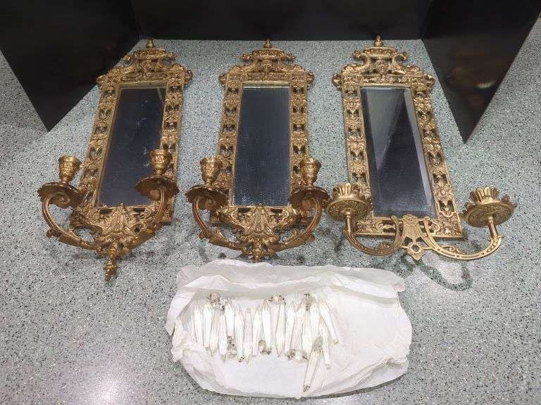 Set of 3 Ornate Brass Wall Sconces with Mirrors and Prisms image