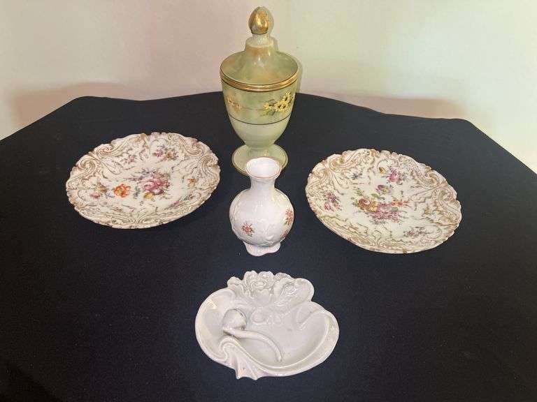Collection of Dresden Porcelain Plates, Bud Vase, and Covered Jar image