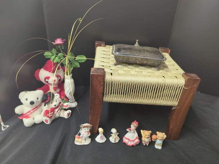 Assorted Collectibles: Stool, Silver Box, Porcelain Figurines, Plush Bears image