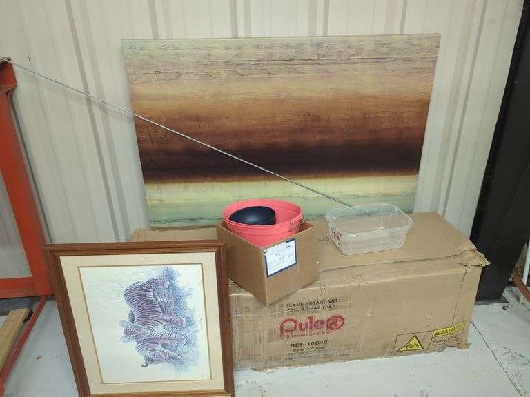 Assorted Household Items: Framed Tiger Print, Abstract Canvas Art, Bowls, and More image