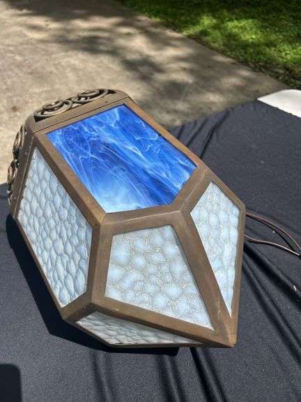 Geometric Hanging Light Fixture with Blue and White Glass Panels image