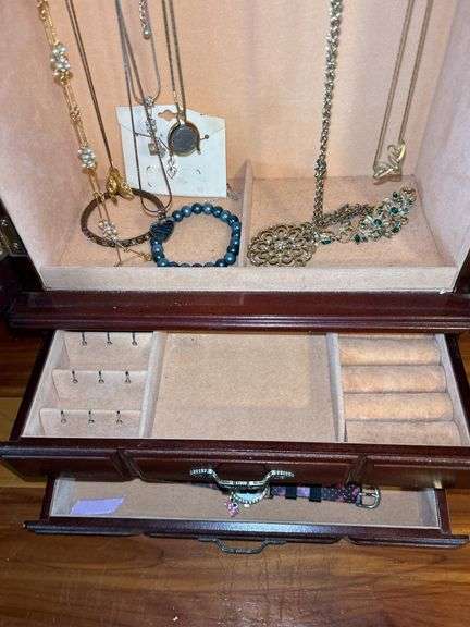 Wood Jewelry Cabinet with Assorted Costume Jewelry