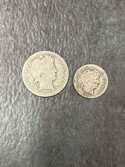 Two Barber Silver Coins: 1905 Quarter and 1914 Dime image