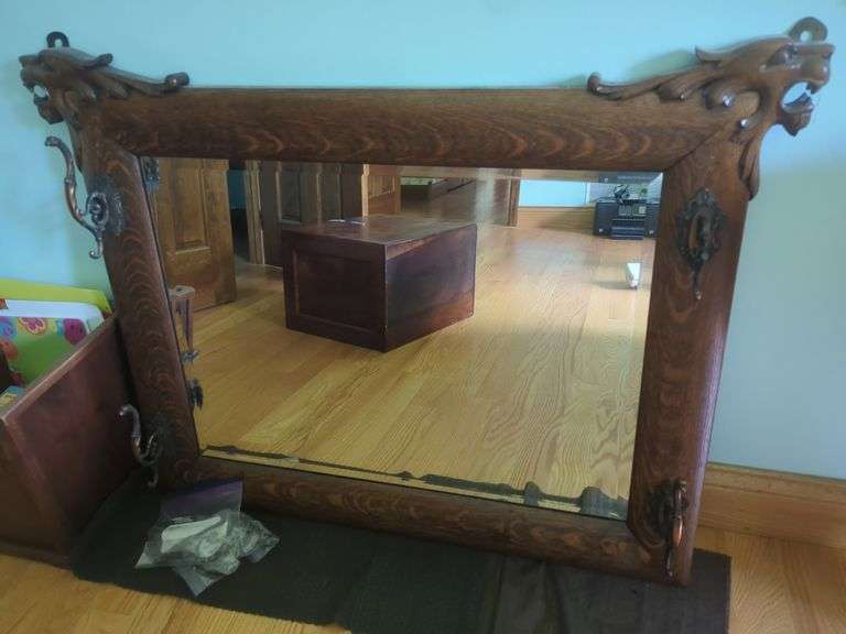 Ornate Carved Wood Lion Head Mirror with Hooks image
