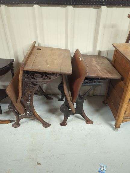 Pair of Superior School Desks with Cast Iron Bases image