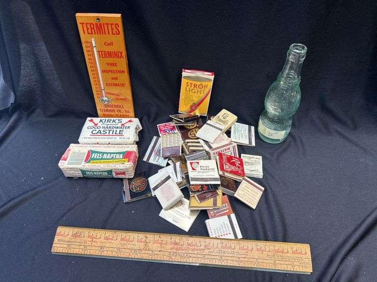 Collection of Advertising Matchbooks, Thermometer, Soaps & Bottle image