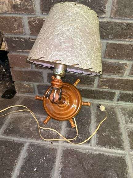 Novelty Wood Ship Wheel Table Lamp with Textured Shade image