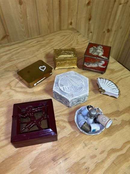 Collection of Decorative Trinket Boxes, Thimbles and Saucer image