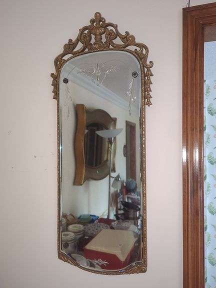 Ornate Gold Tone Wall Mirror with Etched Design image