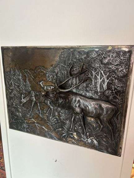 Embossed Silver Plated Wall Hanging, Depicting Deer and Forest image