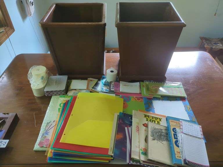 Pair of Wooden Waste Baskets with Office Supplies image