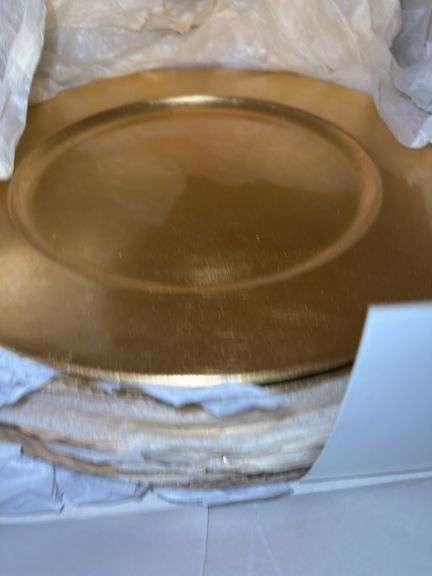 Set of 12 Gold Charger Plates and 3 Glass Candle Holders image
