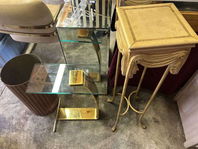 Three Piece Accent Furniture Set: Glass Top Table, Wooden Waste Basket, and Beige Plant Stand image