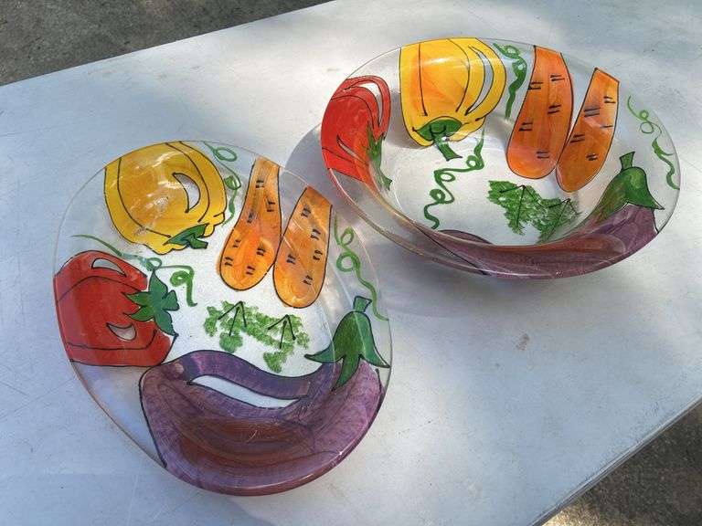 Decorative Glass Bowl and Oval Platter with Vegetable Designs image