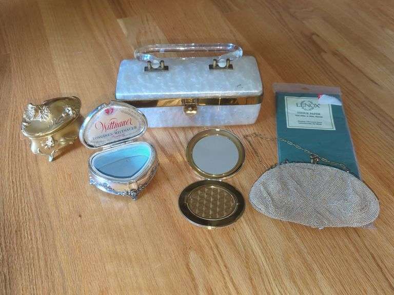 Assorted Cosmetic Vanity Items: Compacts, Boxes, and Beaded Purse image