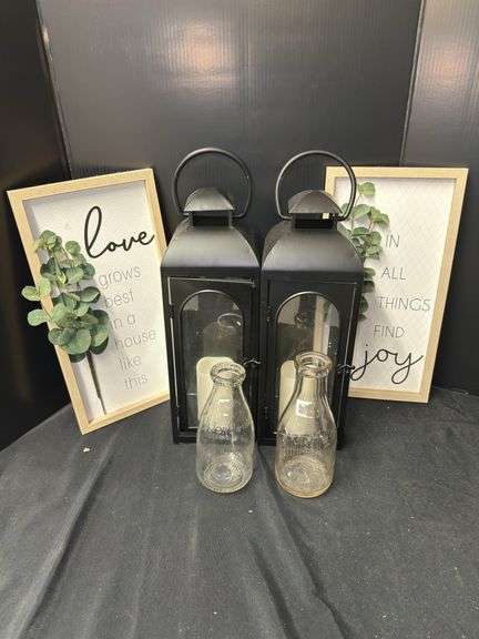 Decor Grouping - Lanterns, Framed Signs and Glass Milk Bottles image